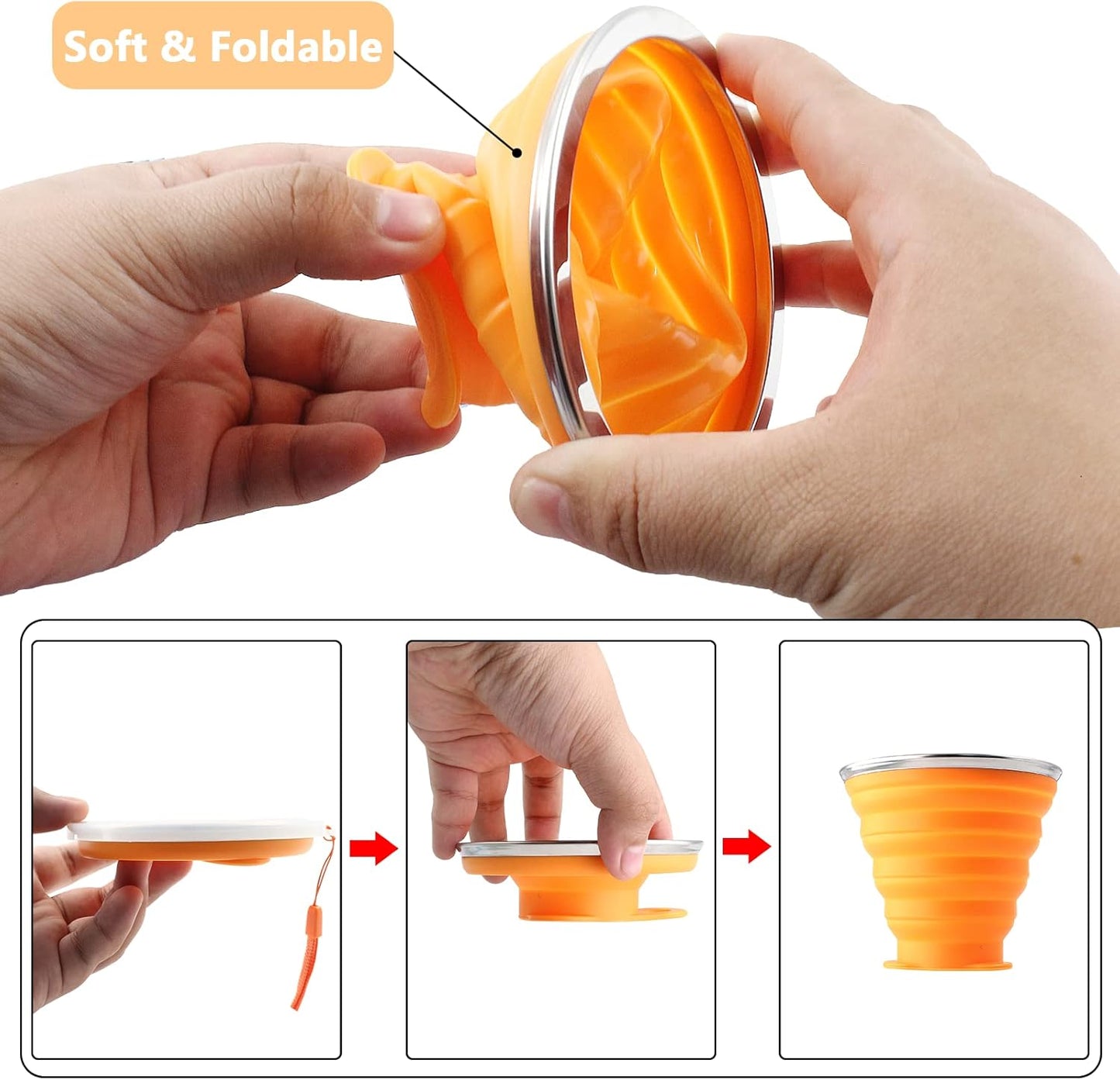 Litoexpe 2 Pack Silicone Collapsible Travel Cup Portable Folding Camping Cup Sets with Lids, Pink & Orange