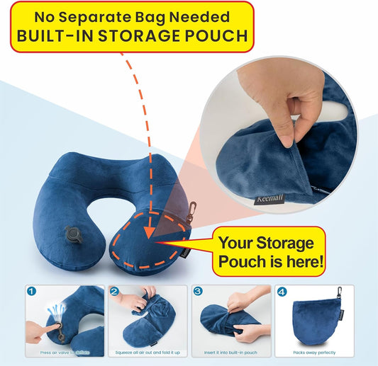 Inflatable Neck Pillow Airplane, Comfortable Inflatable Travel Neck Pillows for Airplanes Traveling on Plane, Soft Plush Cover Head Neck Rest Sleeping Long Flight for Car Train Office Home