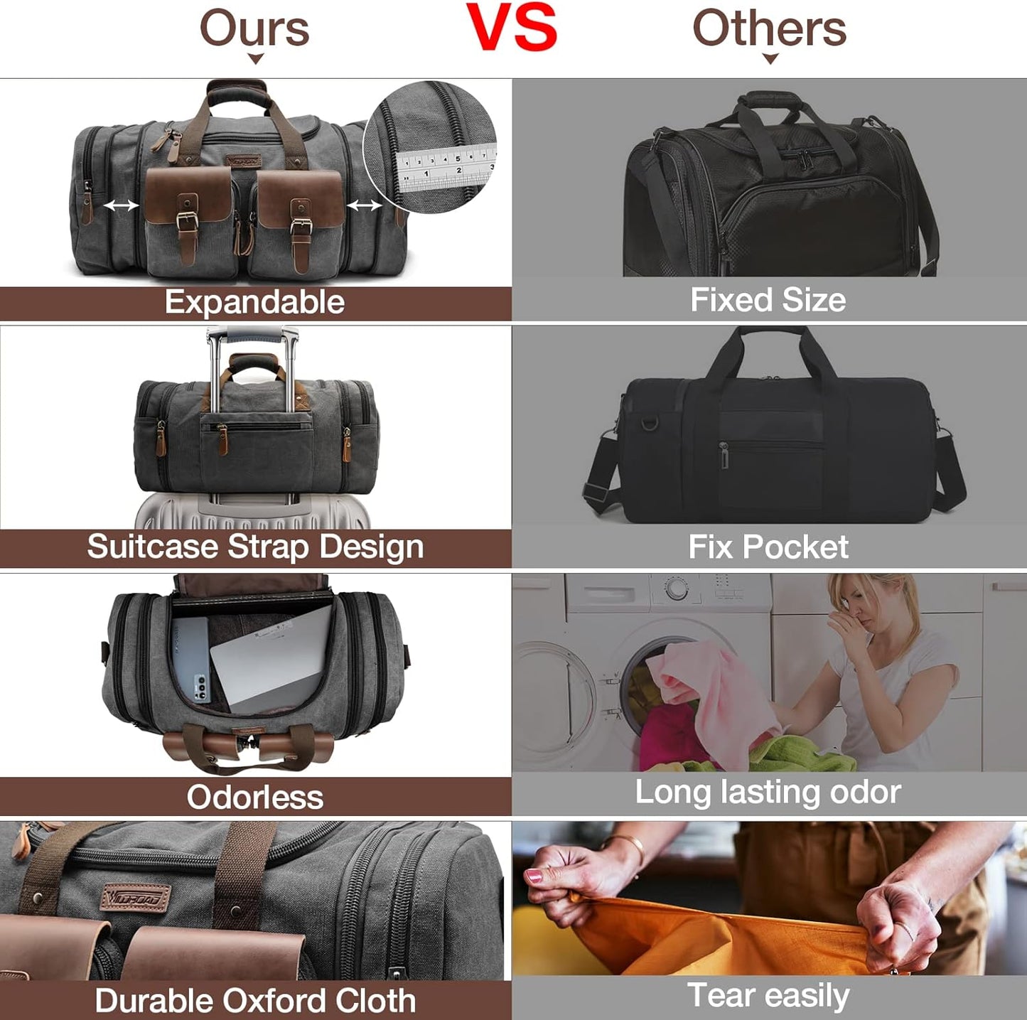 Wildroad 50L Travel Duffel Bag, Expandable Canvas Genuine Leather Duffle Bag Upgraded Overnight Weekender Carry on Bag