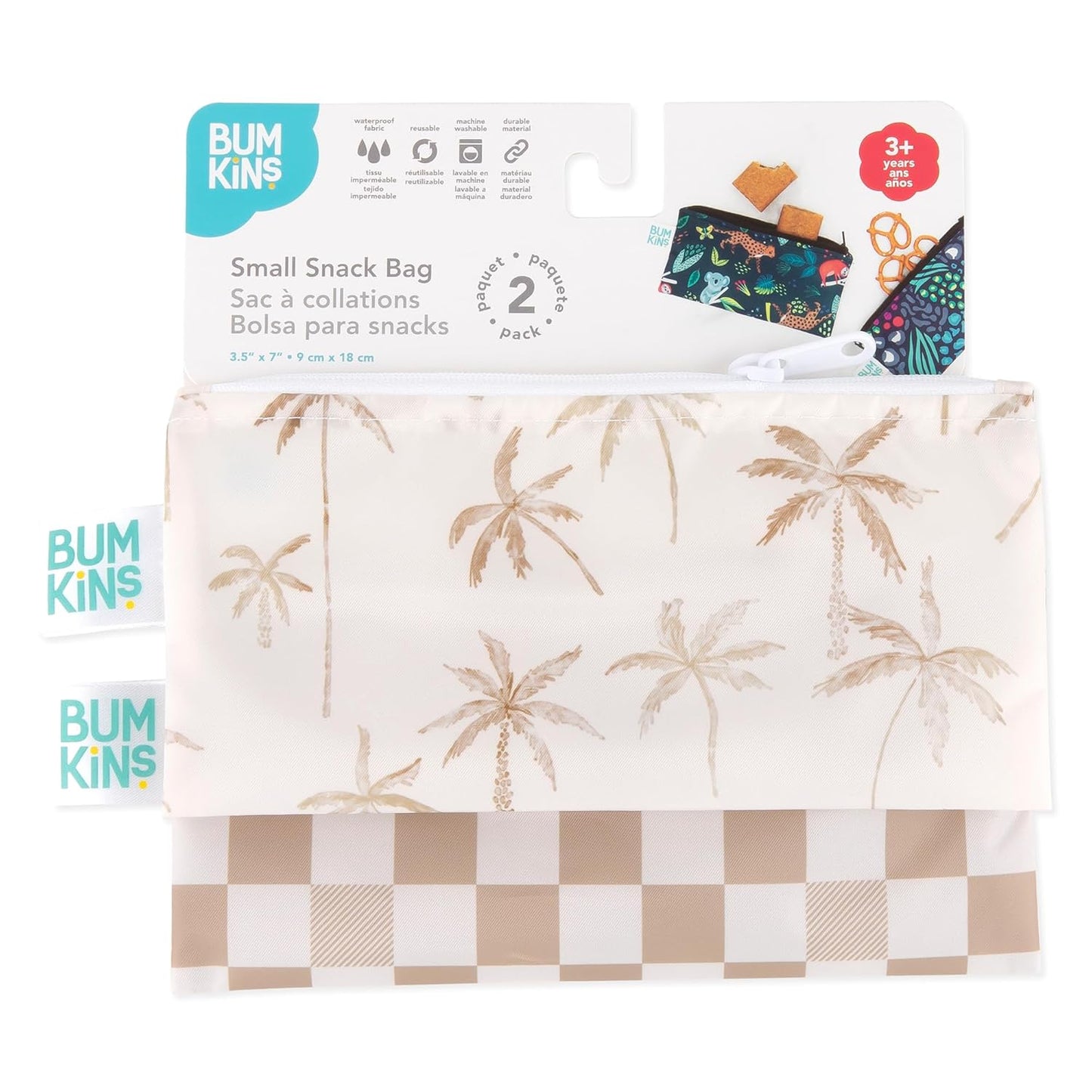 Bumkins Reusable Snack Bags, for Kids School Lunch and for Adults Portion, Washable Fabric, Waterproof Cloth Zip Bag, Supplies Travel Pouch, Food-Safe Storage, 2-pk Palm Trees, Check