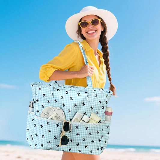 LEDAOU Large Beach Tote Bag Women Waterproof Sandproof Zipper Beach Tote Bag for Pool Gym Grocery Travel with Wet Pocket