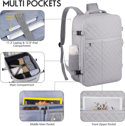MOMUVO Large Travel Backpack Women, Flight Approved Carry On Backpack, Water Resistant Anti-Theft Large Casual Daypack Fit 17 Inch Laptop with USB Charging Port, Grey