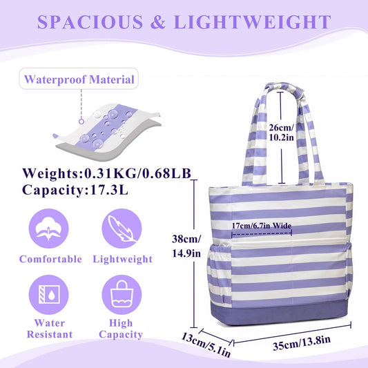 VASCHY Beach Bag for Women, Large Waterproof Sandproof Fold-able Packable Pool Tote Bag w Zipper/Pockets