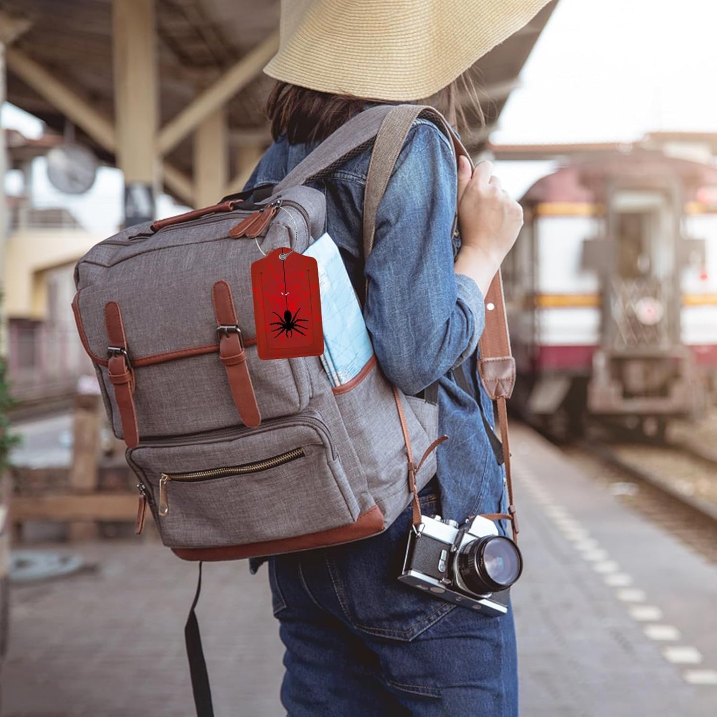 Spider Web 2-Pcs Premium Leather Tags with Privacy Covers,Luggage Tag Stainless Steel Loops Ideal for Suitcases, Travel Bags, Backpacks