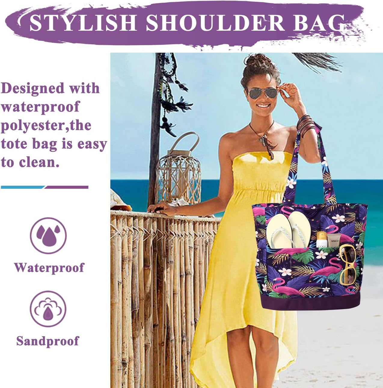 VASCHY Beach Bag for Women, Large Waterproof Sandproof Fold-able Packable Pool Tote Bag w Zipper/Pockets