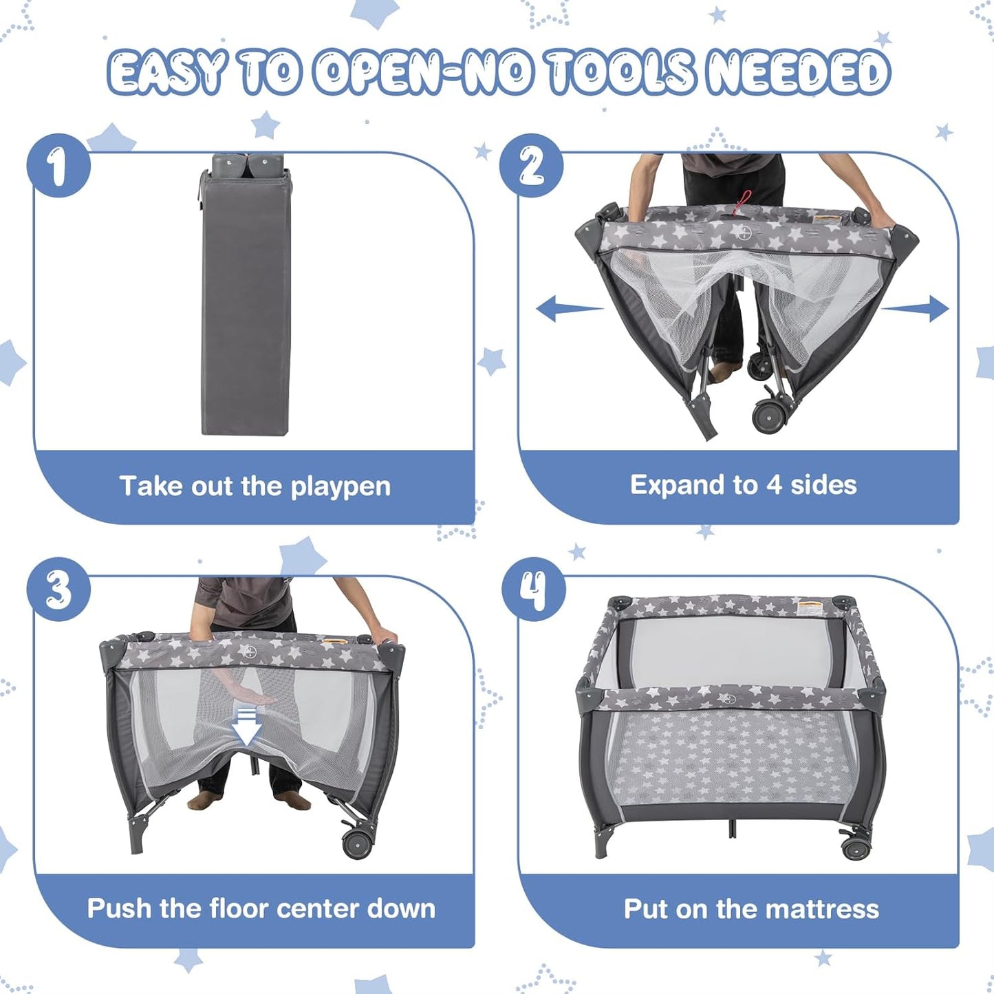 HONEY JOY Pack and Play, 3 in 1 Portable Baby Playard with Bassinet, Changing Table, Lockable Wheels, Music Box, Foldable Travel Baby Crib Nursery Center from Newborn to Toddler (Star Gray)