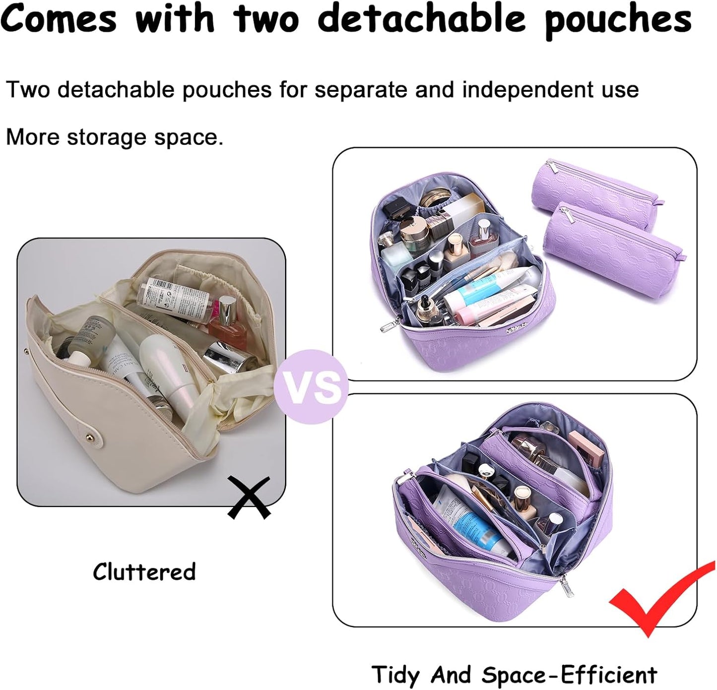 BOYATU Travel Makeup Bag for Women: Cosmetic Organizer Bag with Compartments - Leather Make up Bags Set of 3 (Purple)