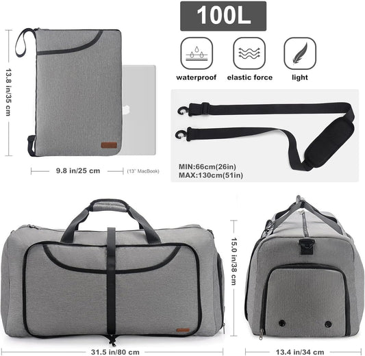 100L Duffle Bag for Travel, Large Foldable Waterproof Travel Duffel Bags Weekender Overnight Bag for Men and Women with Shoe Compartment