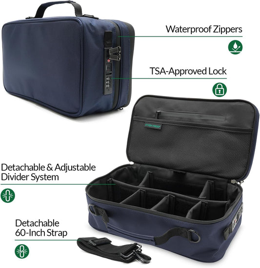 Large Storage Case with TSA Combination Lock Bag, Portable Carbon Lined, XL Medicine Lockable Box for Travel & Home Secured Box Organizer Divider Jars Accessories, Removable Tray (Blue)