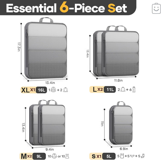 Veken 6/9/11 Set Compression Packing Cubes for Travel Essentials,Compressible Expandable Large Luggage Suitcase Organizer Bags for Clothing,Durable Space Saver Storage Bags(Gray)