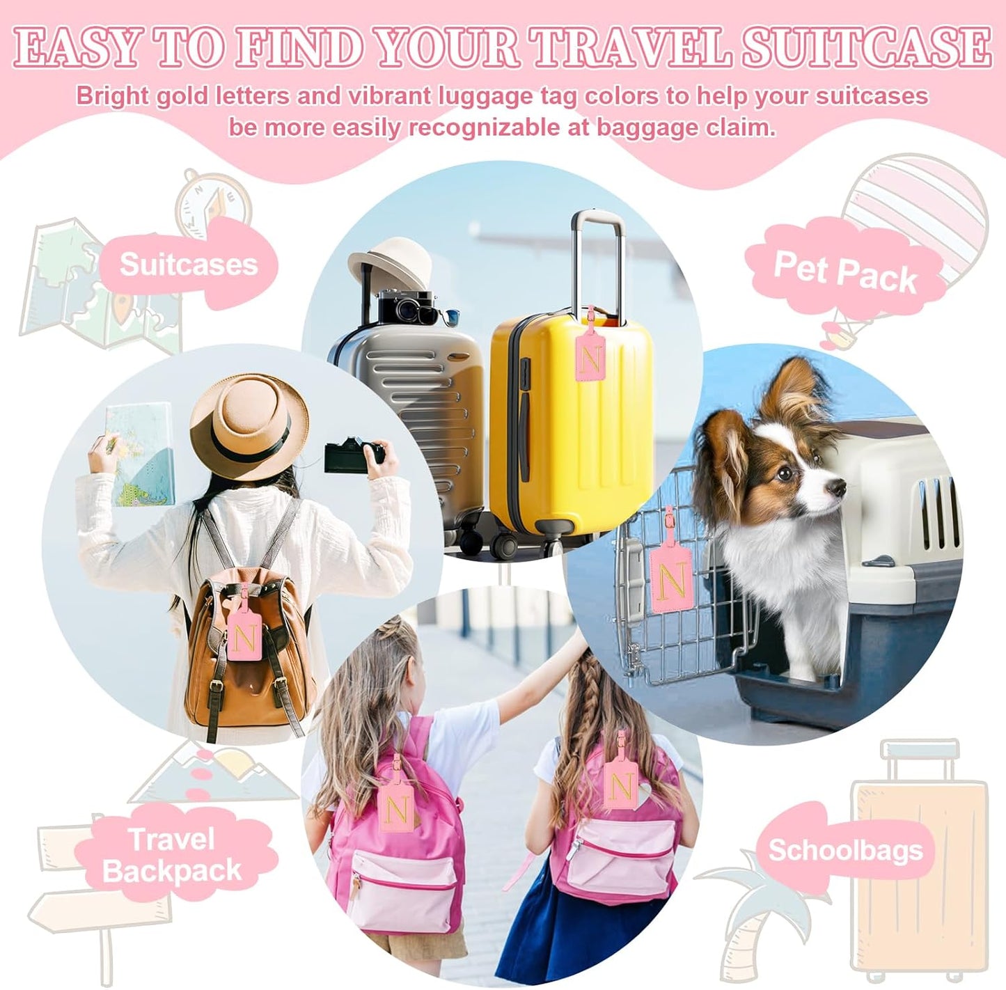 Personalized Initial Luggage Tags for Suitcase, Pink Leather Cute Luggage Tags with Privacy Cover Name Card, Embroidered Custom Monogrammed Luggage Tag Travel Bag Baggage Tags Gifts for Women Kids(N)