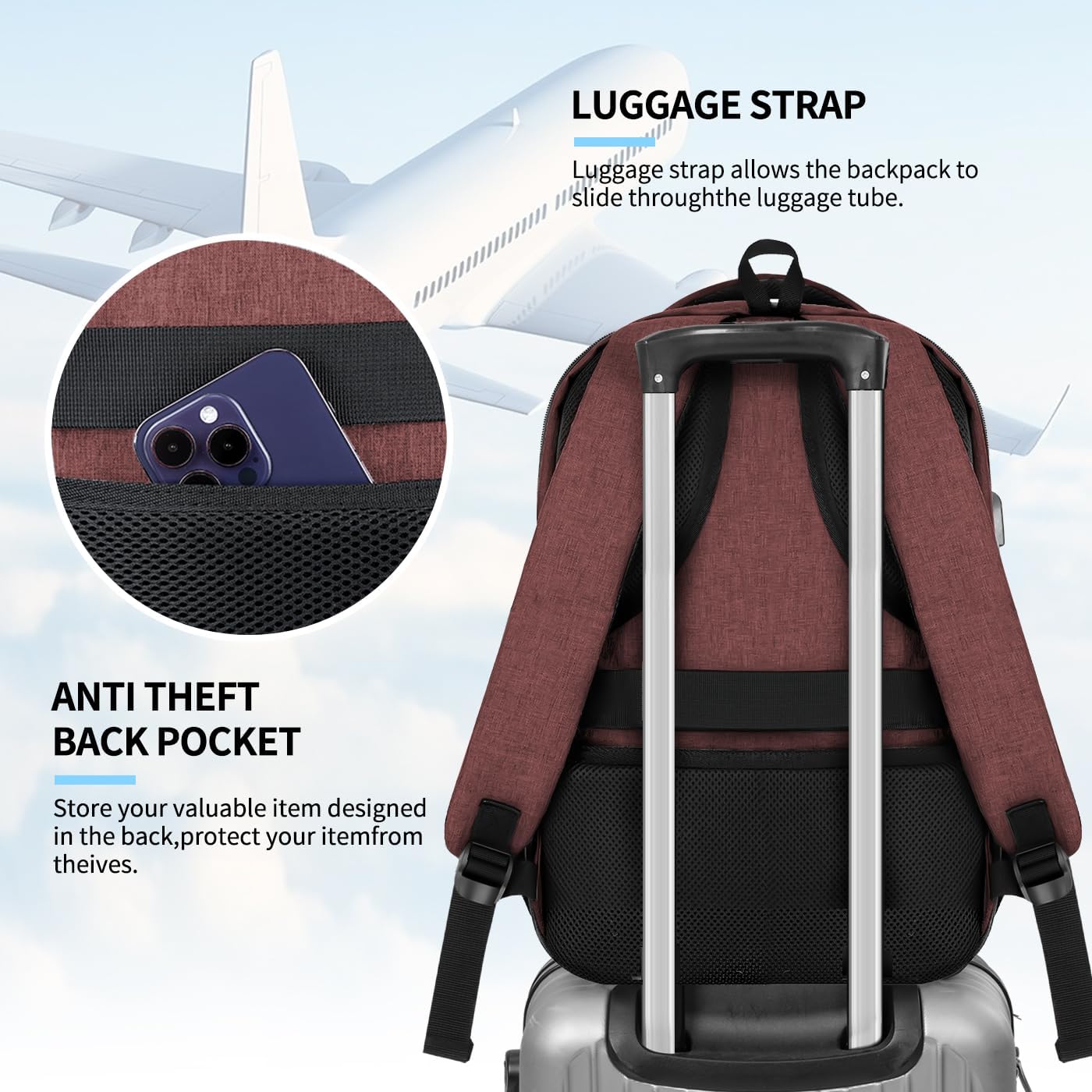 Backpack for Women Men, Travel School Backpacks for Teen Boys, Bookbag with USB Charging Port, Anti Theft College Backpack Fits 15.6 Inch Laptop, Casual Work Business Back Pack, Red