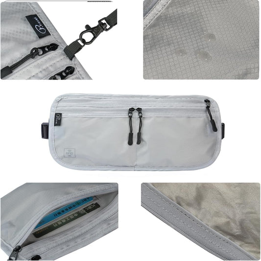 Travel Passport Holder 【1 PACK】2 in 1 Slim RFID Blocking Travel Money Belt for Men & Women, Hidden Neck Wallet for Credit Cards, Documents & Cash, Fanny Pack, MA-MO (Light Gray)