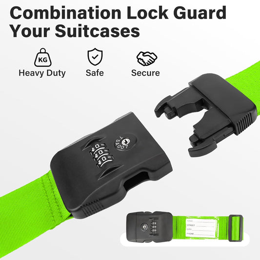 Luggage Straps, Green TSA Approved Luggage Strap Belt with Combination Lock for Suitcases, 2 Pack Adjustable Heavy Duty Cross Suitcase Straps with Name Tags for Travel, Carry On Bags, Protect Luggage
