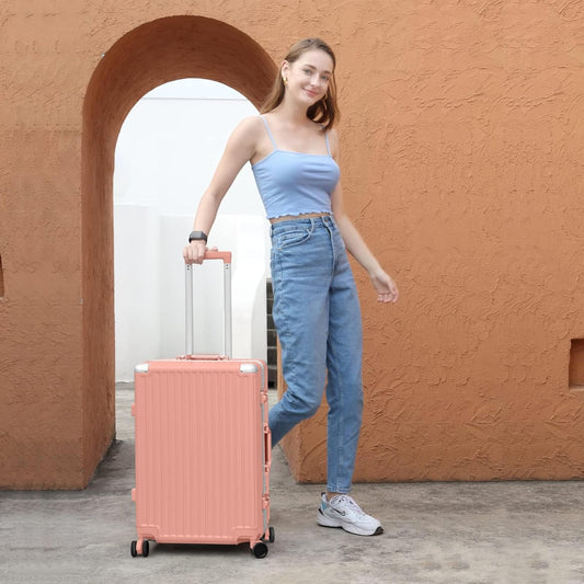 AnyZip Carry On Luggage Aluminium Frame Suitcase PC ABS Hard Shell TSA Lock No Zipper 20In Sakura Pink
