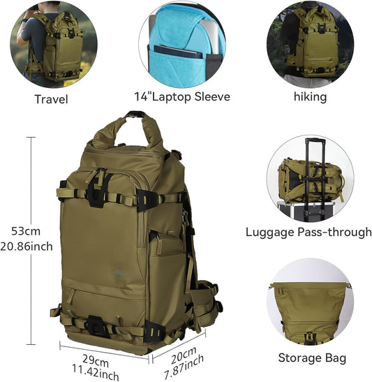 Tenzing 30L Water-Resistant Camera Backpack with Rain Cover, 14" Laptop Compartment, Fits DSLR, Drone, Lenses, Tripod-Brown