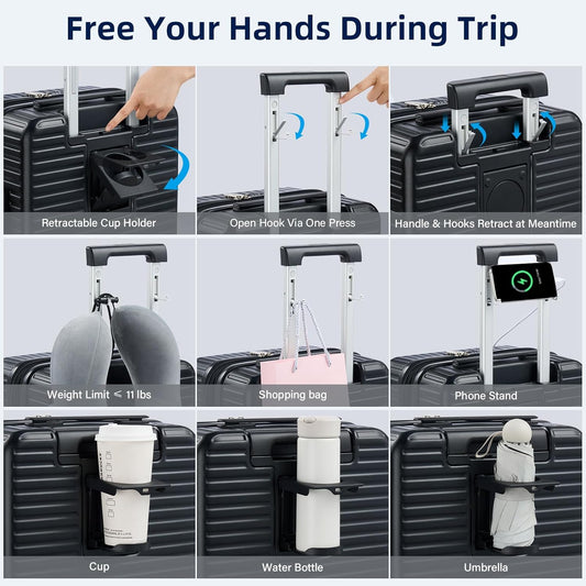 Hard Shell Suitcases Travel Expandable Luggage, 24 Inch Check in Luggage with Spinner Wheels Cup Holder Charger Built in, Checked Medium Suitcase Lightweight Suitcases, Black