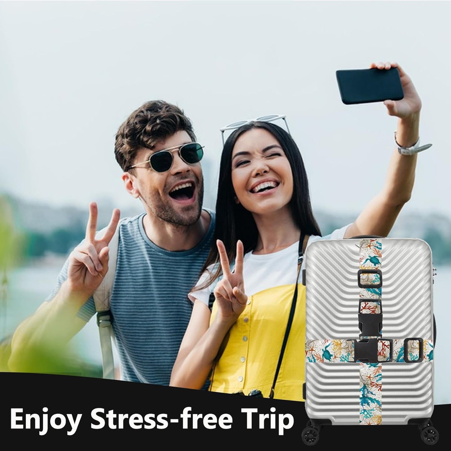 2 Pack Luggage Straps for Suitcases Adjustable Luggage Belt TSA Approved, Bright Colors Travel Packing Straps with Quick Release Buckle Unique Nylon for Sleeping Bag Car Seat, Turtle