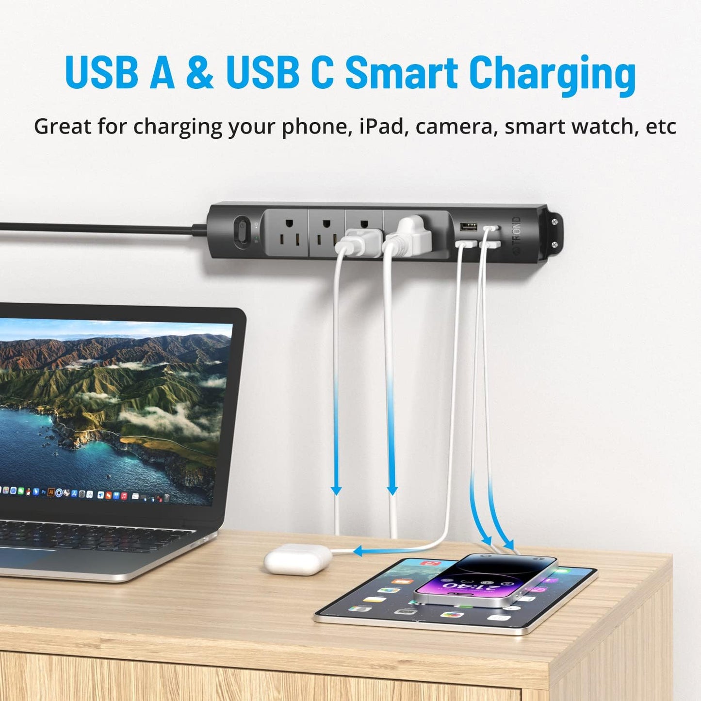 TROND Surge Protector Power Strip with USB, Ultra Thin Flat Plug 6ft Long Extension Cord 1625W, 3 USB A & 1 Type C, 4 AC Outlets 1440J Surge Protection Wall Mount for Home Office Dorm Room, Black