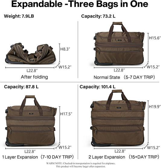 Hanke Large Expandable checked Luggage Suitcases with Wheels Foldable Duffle Bag for Travel suitcase for Women Men Garment Bag(Coffee)