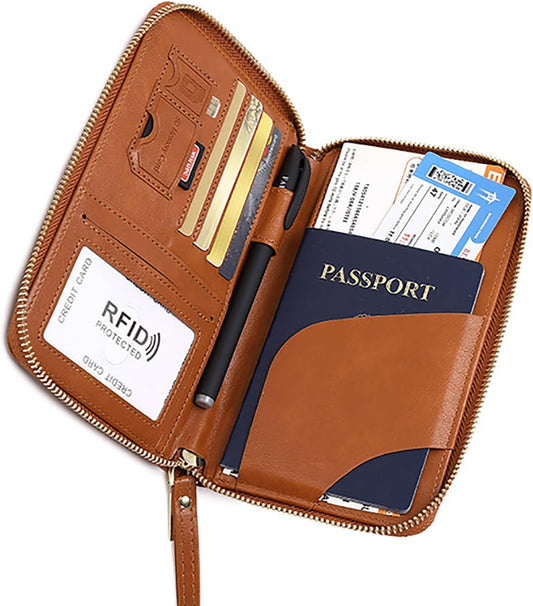 Rowgins Rfid Blocking Passport Holder Wallet, Rowgins Rfid Passport Holder with Zipper, PU Leather PassportHolder for Travel (BROWN)