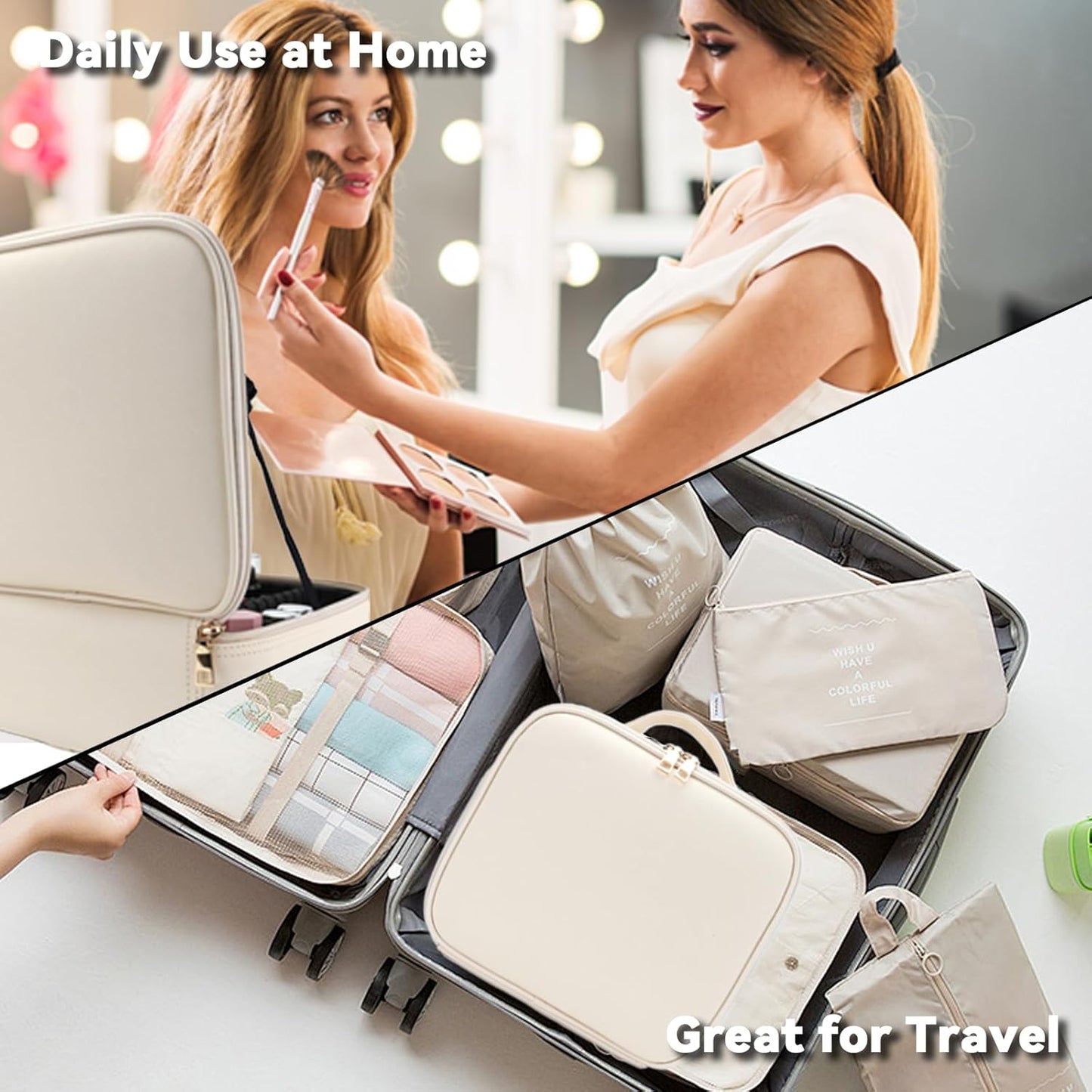 Travel Makeup Bag with LED Mirror and 10x magnifying glass with 3 Lighted Settings, Adjustable Dividers and Makeup Brush Storage Bag White