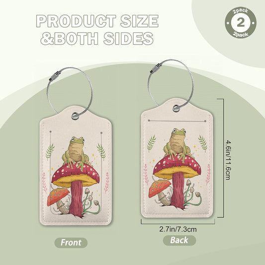 2 Pack Luggage Tags for Suitcase,Frog Sitting On Mushroom Leather Luggage Tag Bag Tags Identifiers Privacy Cover Id Label with Steel Loop for Women Men Girls Boys Travel