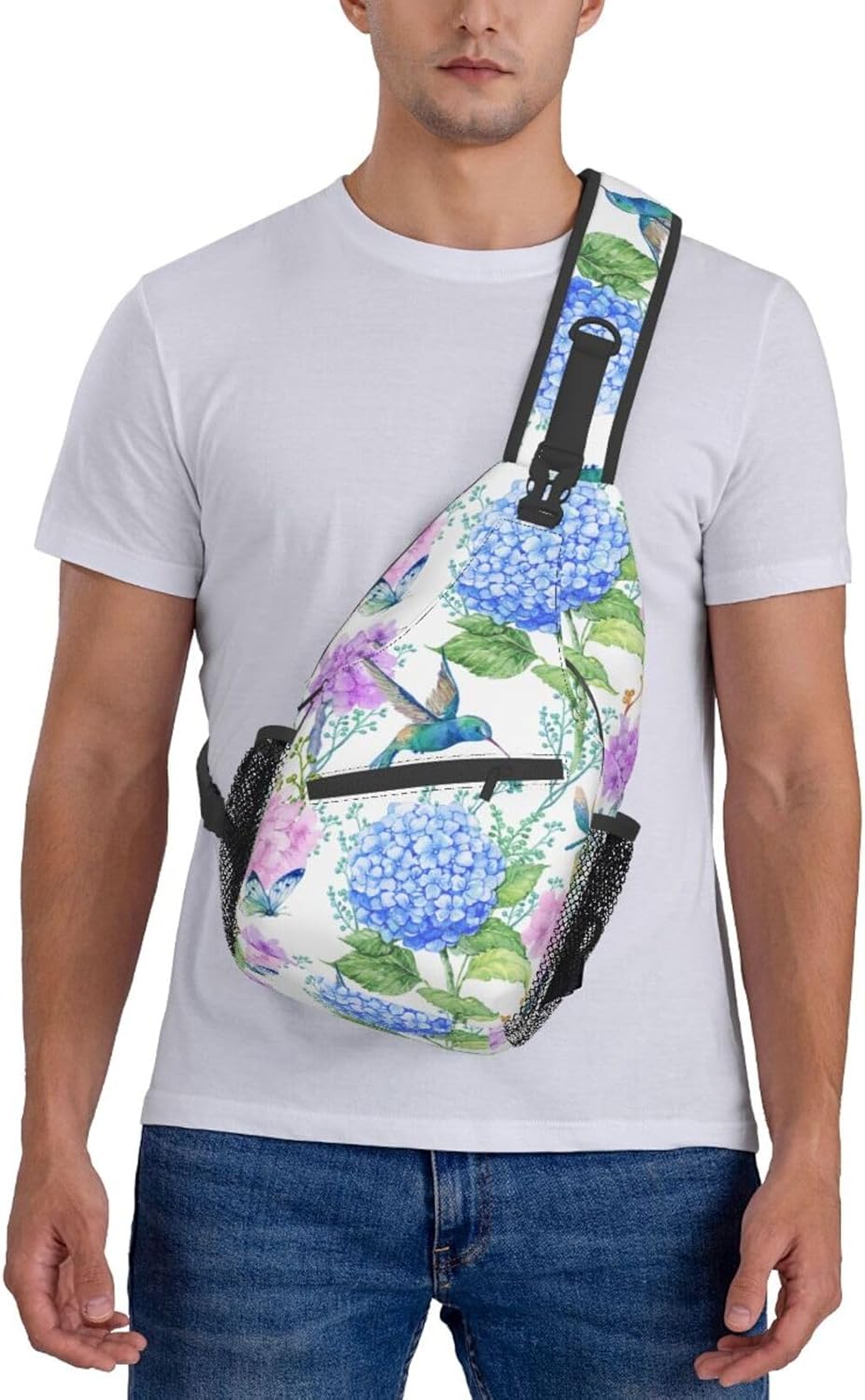 SUPLUCHOM Sling Bag Spring Hummingbird Flower Hydrangea Hiking Daypack Crossbody Shoulder Backpack Travel Chest Pack for Men Women Over 12 Years Old