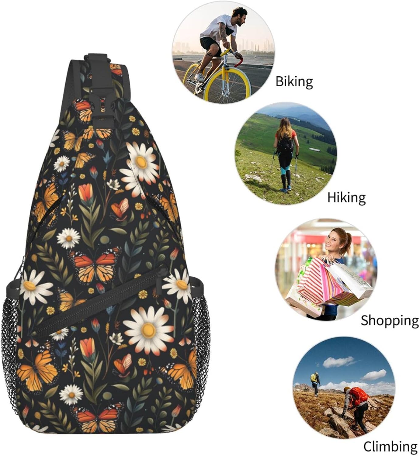 SUPLUCHOM Sling Bag Vintage Butterfly Daisy Leaf Hiking Daypack Crossbody Shoulder Backpack Travel Chest Pack for Men Women