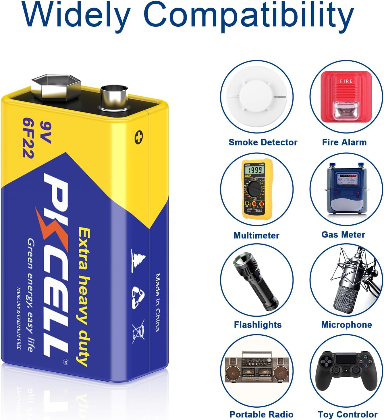 PKCELL 9V Battery Carbon Zinc for Smoke Detectors 6F22 Battery, 10-Year Shelf Life,Ultra Long-Lasting(16PCS)