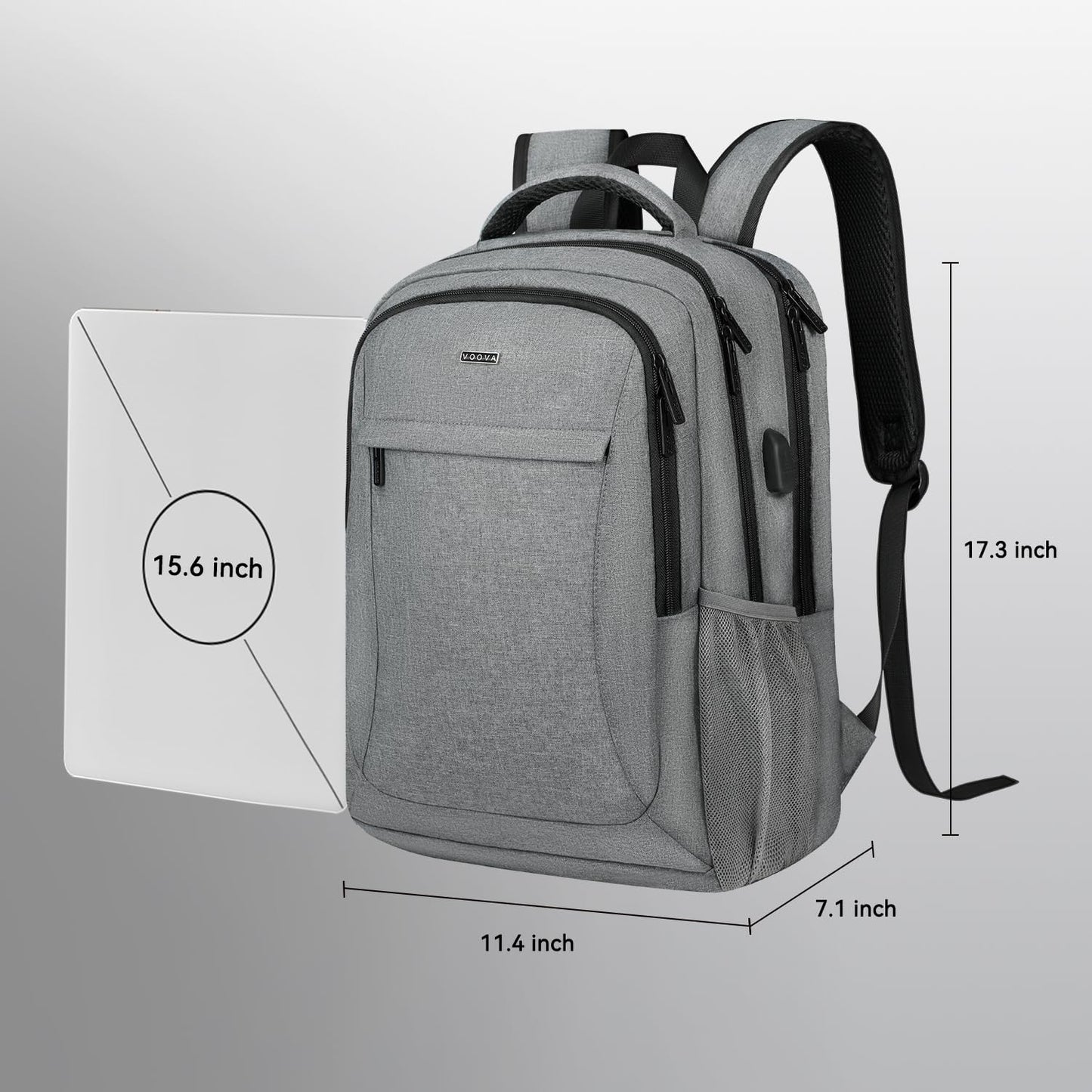 Voova Travel Laptop Backpack, Business Work Laptop Backpack for Women & Men with USB Charging Port, Waterproof Slim Durable College Computer Bag Fits 15.6 Inch Laptops and Notebook, Grey