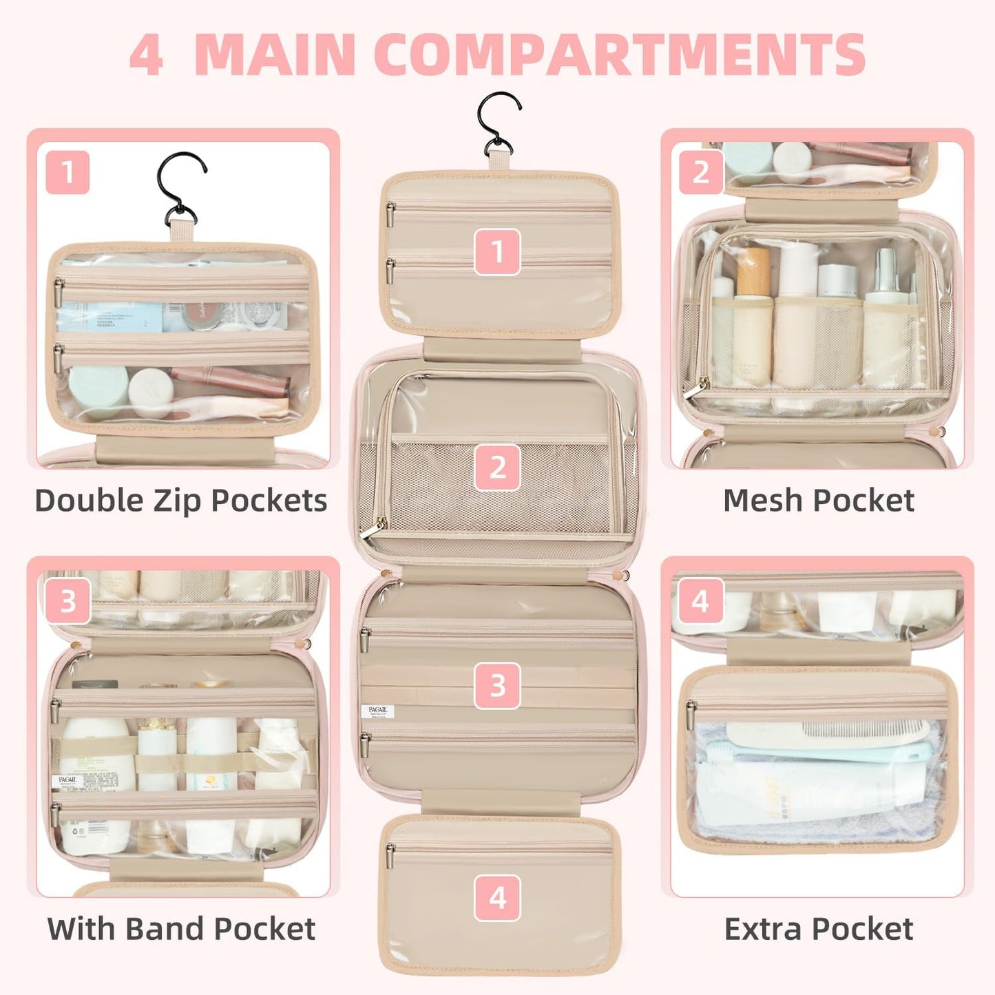 BAGAIL Hanging Toiletry Bag for Women Water-resistant Cosmetic Bag Large Capacity Travel Makeup Organizer for Full-Sized Travel Essentials(Classic+Jewelry Bag, Pink)