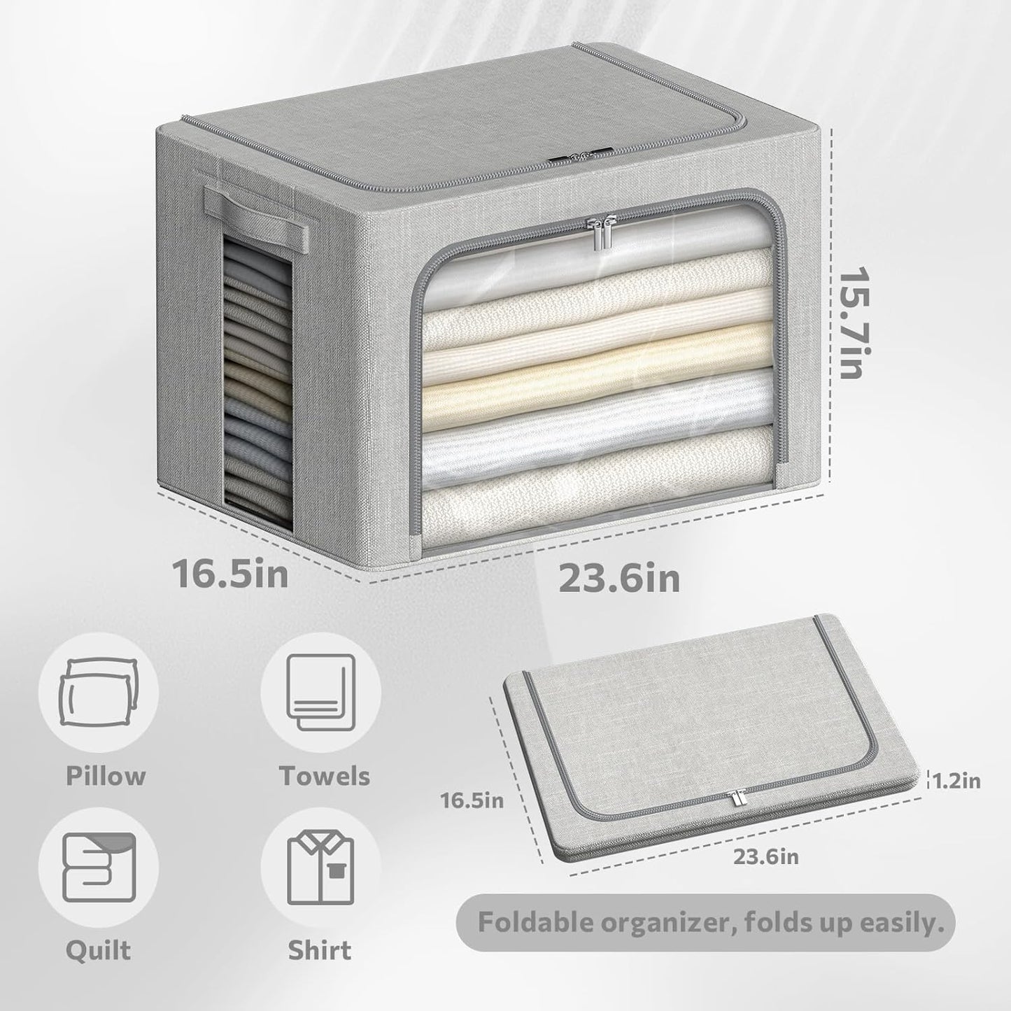 4 Pack Clothes Storage Bins with Metal Frame - Linen Fabric Foldable Stackable Container Organizer Set with Clear Window & Carry Handles & Zippers (Light Grey, 23.6"x16.5"x15.7")