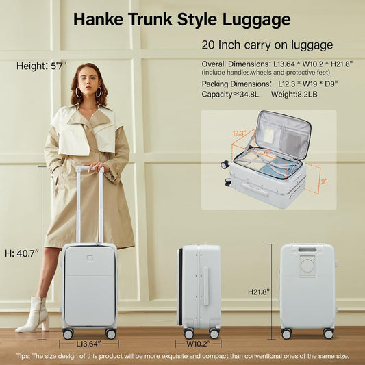 Hanke 20 Inch Carry On Luggage with Cup Holder and Charge,Top Opening Hard Shell Suitcases with Wheels and Dividers,Aluminum Frame Trunk Luggage Small Suitcase with Lock for Travel,Smoke White