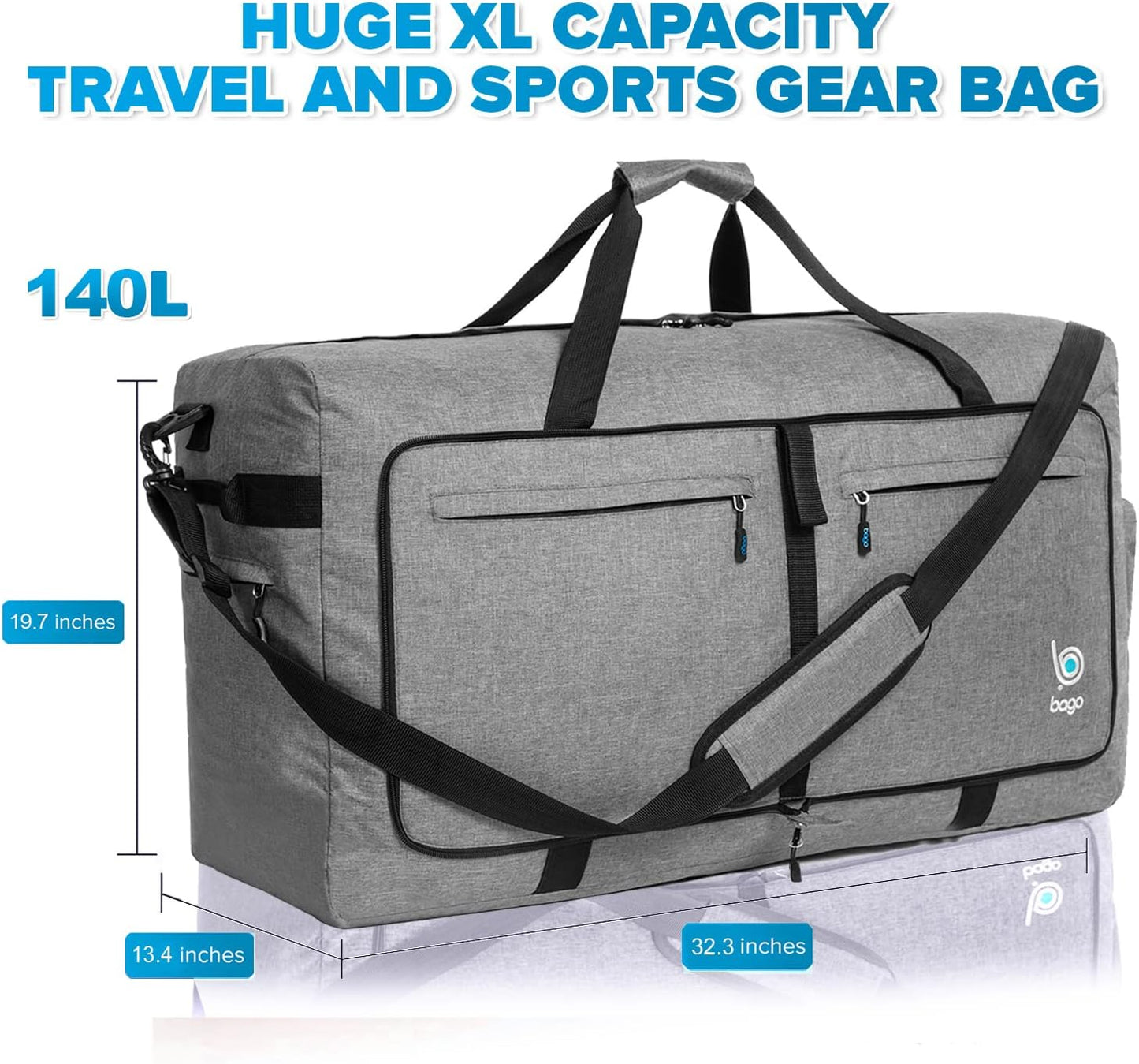 Bago Big XXL Foldable Duffel Bags for Traveling Women & Men - 140L Packable Duffle Bag for Travel with Shoe Compartment - Water Repellant, Heavy Duty, Lightweight Folding & Collapsible (SnowGray)