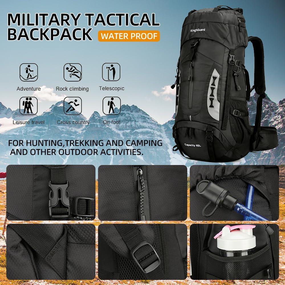 King'sGuard 60L Hiking Backpack Lightweight Camping Backpack with Rain Cover Large Waterproof Packable Outdoor Trekking Travel Backpack for Men Women (Black)