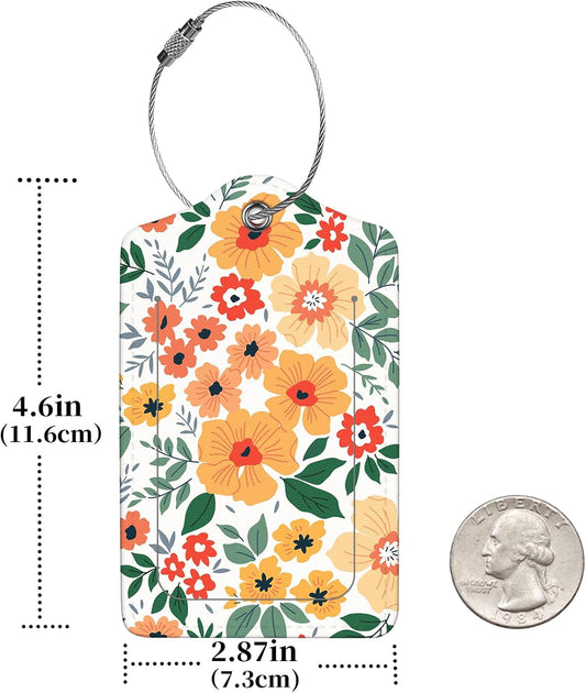 2 Pcs Luggage Tags for Suitcase, Cute Unique PU Leather Travel Bag Tag with Privacy Cover ID Label Address Card and Durable Metal Ring Suitable for Men Women Children Backpack,Yellow Flower