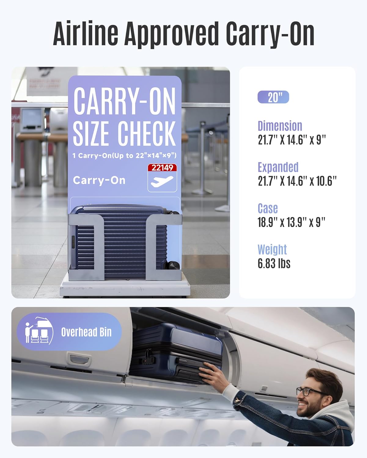 LIGHT FLIGHT Carry On Luggage 22x14x9 Airline Approved, Durable Hard Shell Carry On Suitcases with Wheels, Expandable Hardside Lightweight Travel Luggage with TSA Lock 20 Inch Carry on, Navy Blue