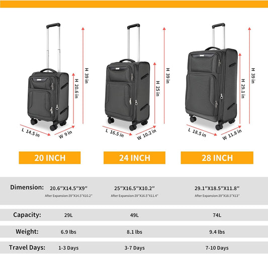 3-Piece Softside Expandable Luggage Set with Front Open Pocket, Lightweight and Durable Oxford Fabric Suitcase Set with TSA Lock (Gray, 20in/24in/28in)