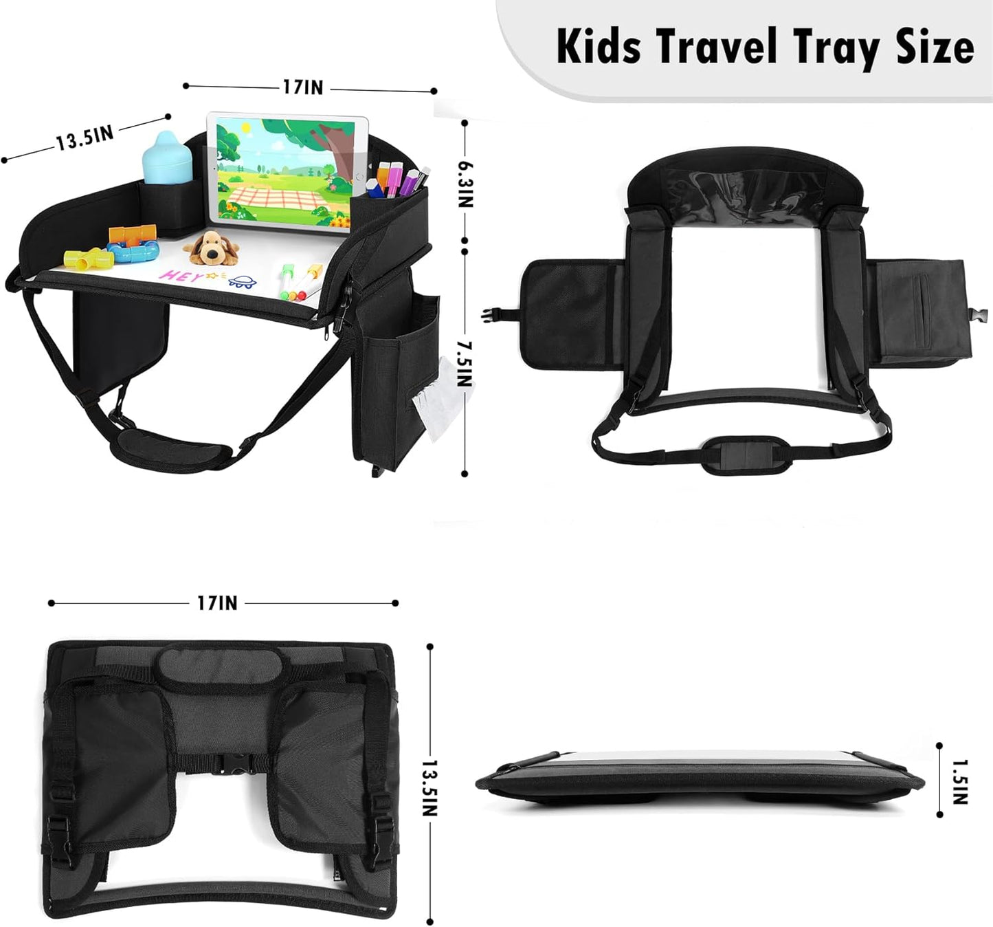 Kids Travel Tray for Car Seat, Toddler Road Trip Essentials With Drawing Kit, Travel Activities Must Haves (Black)