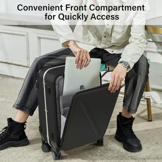 MILADA Wide Handle Carry On Luggage with Front Pocket Hardshell 20 Inch Front Opening Luggage with Spinner Wheels TSA Lock Aluminium Suitcase Airline Approved Carry-On Travel Luggage, Black