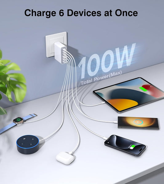 USB C Wall Charger Block,100W GaN 6-Port QC+PD3.0 Charging Station Type C Fast Chargers Plug Brick Portable Cube Hub Multiport Power Adapter for iPhone16/15/14 Pro Galaxy S25 Ultra2 AirPods4 Watch10