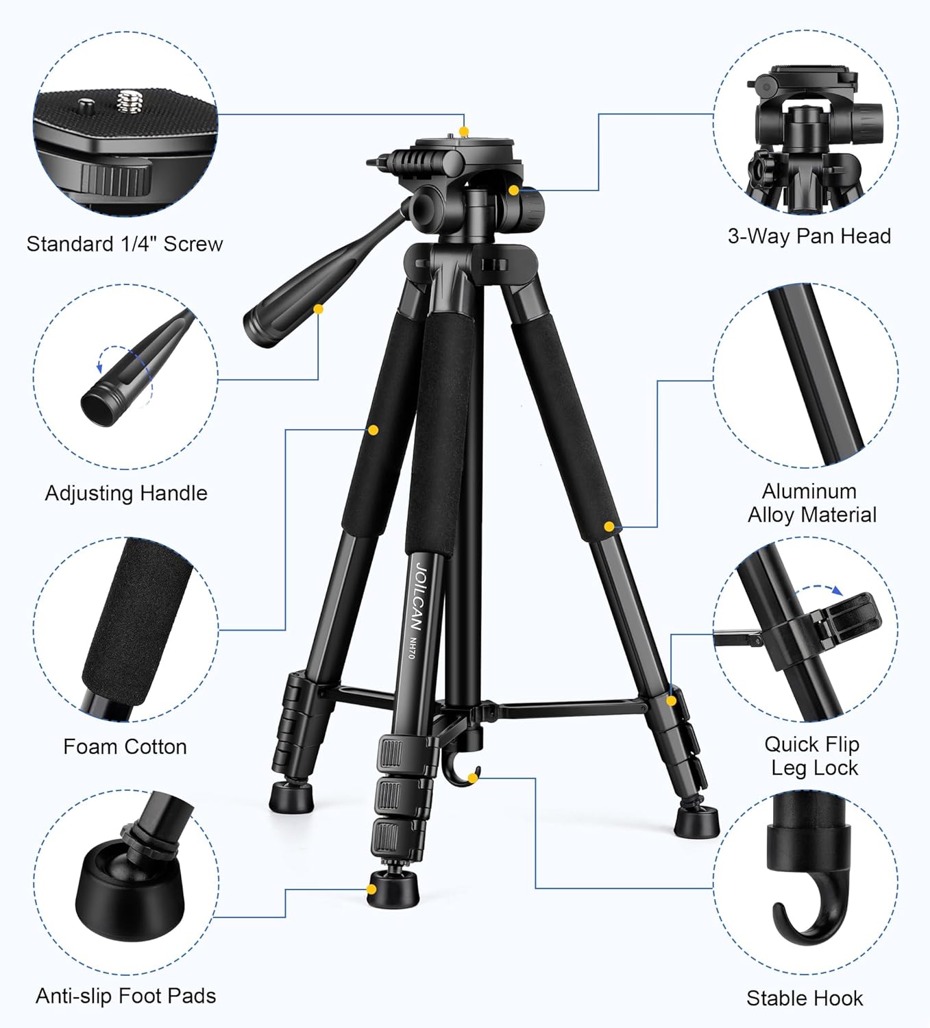 JOILCAN Tripod for Camera, 67" Heavy Duty Camera Tripod, Phone Tripods for Video Recording Photo Vlog, Aluminum Tripods with Holder & Travel Bag for Cameras DSLR iPhone Projector Laser