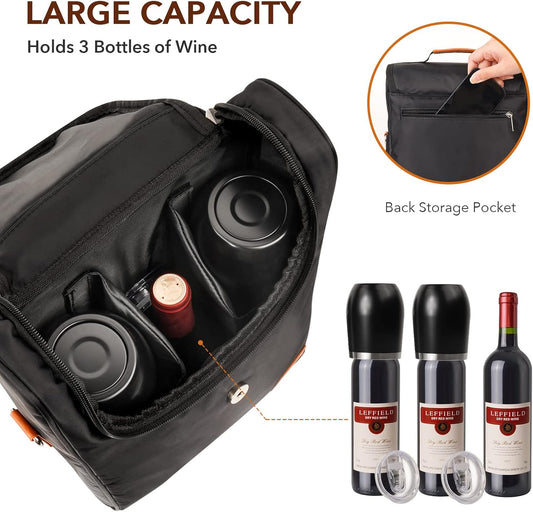 3 Bottle Wine Tote Bag with Tumblers and Opener, Portable Wine Carrier Purse for Travel/Picnic/Beach/Pool/Events/Hiking, Black