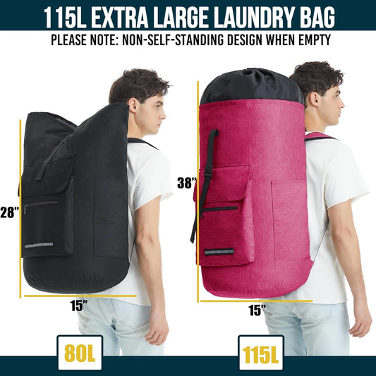 Laundry Bag Extra Large 115L,Laundry Backpack with Shoulder Straps,Sturdy Travel Laundry Bags with 4 Pockets,Laundry Backpack Heavy Duty,Clothes Hamper Bag XXL,College Dorm Essentials
