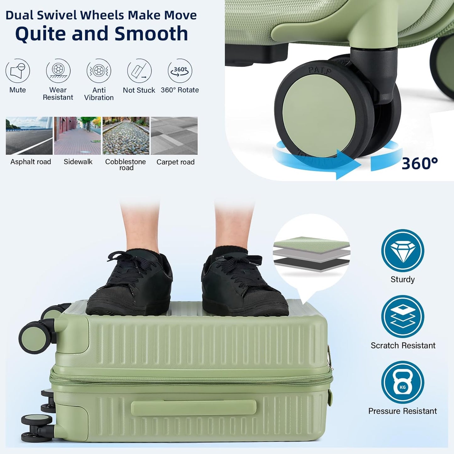 Hard Shell Suitcases Expandable Travel Luggage Sets 2 Piece, Carry on and Check in Luggage Lightweight Suitcase Set 2 Piece with Wheels Cup Holder Charger Built in (Bamboo Green, 20/28)