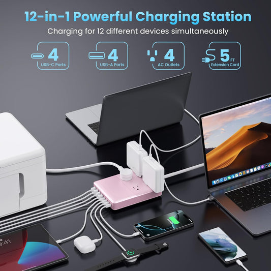 12-in-1 Charging Station USB C Power Strip with 5ft Cord,200W GaN IV USB C Charger Block,4 AC Outlets,4 USB-A,4 USB-C for MacBook,iPhone 16/15/14,Fast Charging Desktop Charger for Office (Pink)
