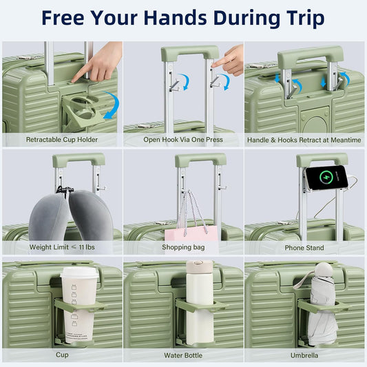 Hard Shell Suitcases Travel Expandable Luggage, 24 Inch Check in Luggage with Spinner Wheels Cup Holder Charger Built in, Checked Medium Suitcase Lightweight Suitcases, Bamboo Green