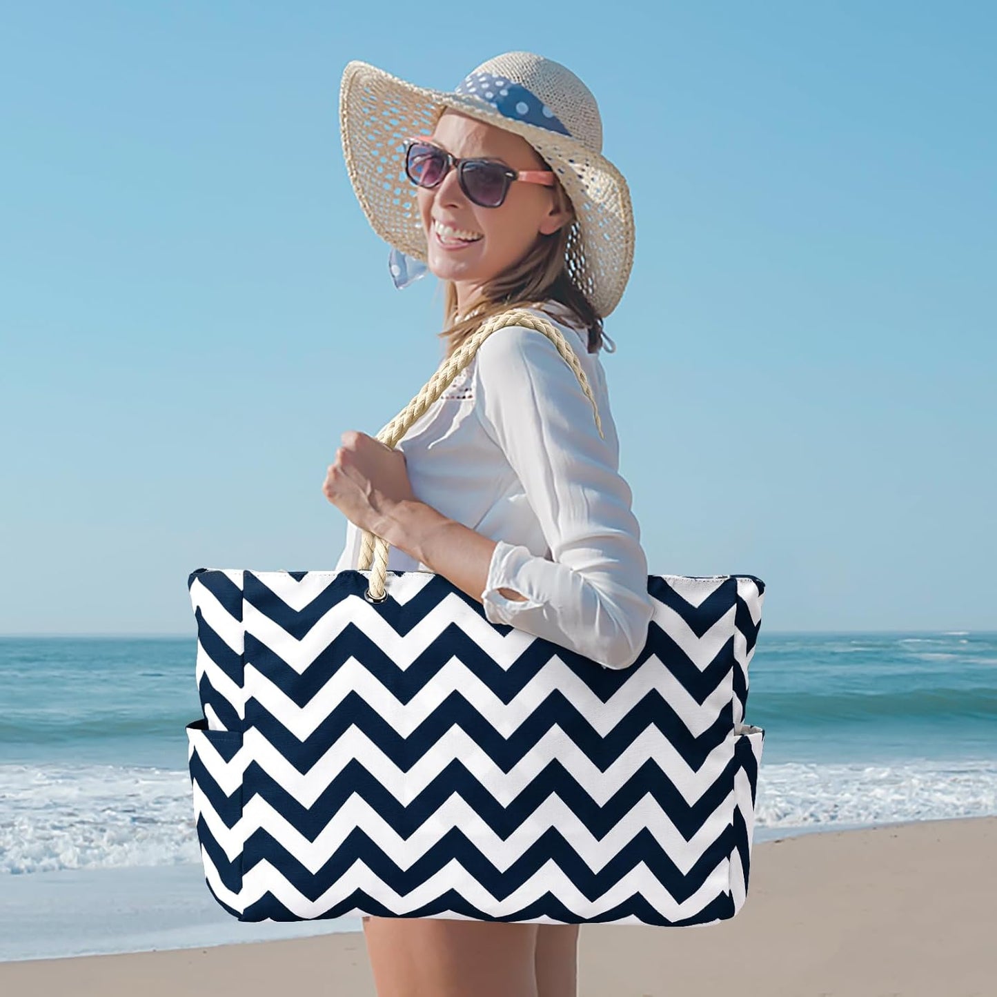 Becokan Beach Bag Large Beach Tote Bag for Women Waterproof Sandproof Swim Pool Bag With Zipper