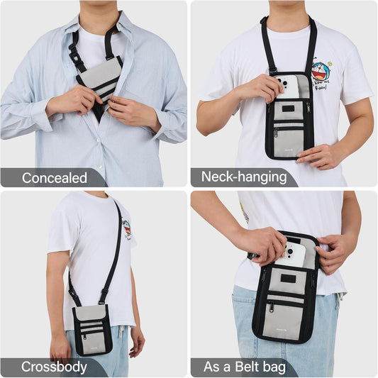 Hanke Passport Holder, Travel Wallet for Womens and Men, Neck Wallet Hidden Passport Pouch for Travel Adjustable Lightweight Thin with 6 compartments (Light Grey)